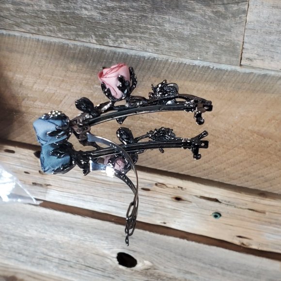 Dark Blue & Gray-Blue Silk Petite Roses Barrette - Pearl - Garnet… - Picture 9 of 10